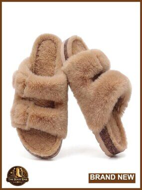 Fuzzy Faux Fur Slippers Cork Footbed Fluffy Slides House Shoes